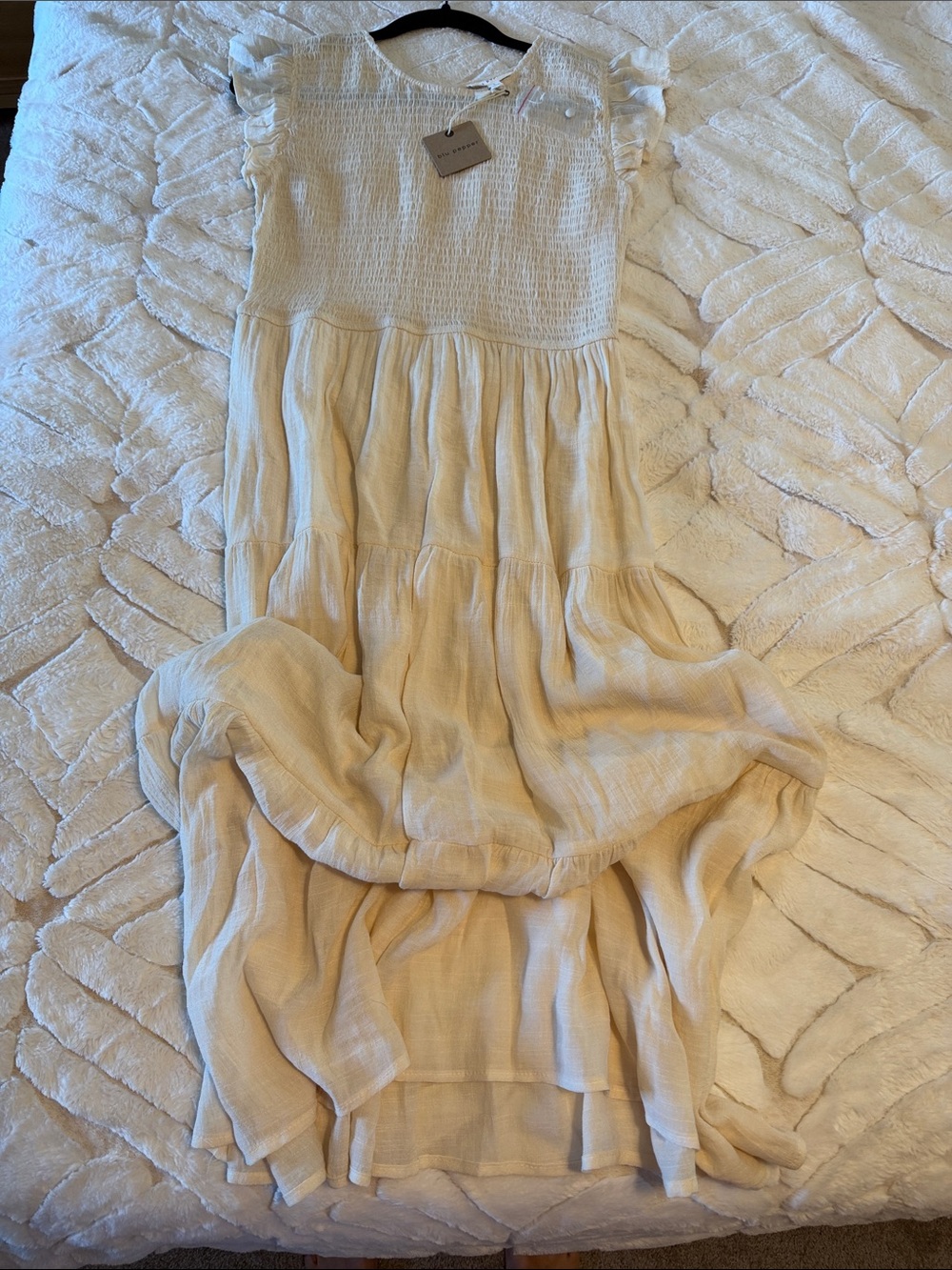 Blu Pepper Cream Smocked Tiered Maxi Dress